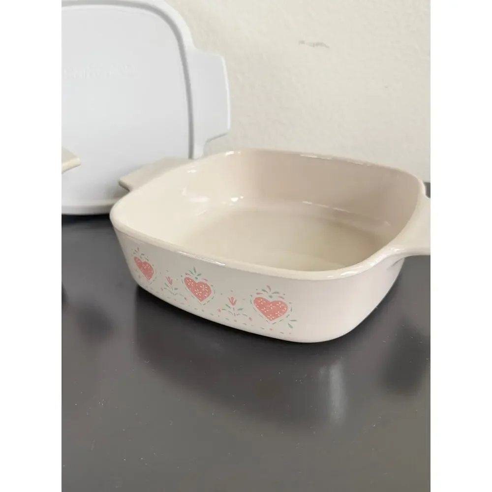 Vintage CorningWare casserole baking dishes Forever Yours pattern pink heart lid